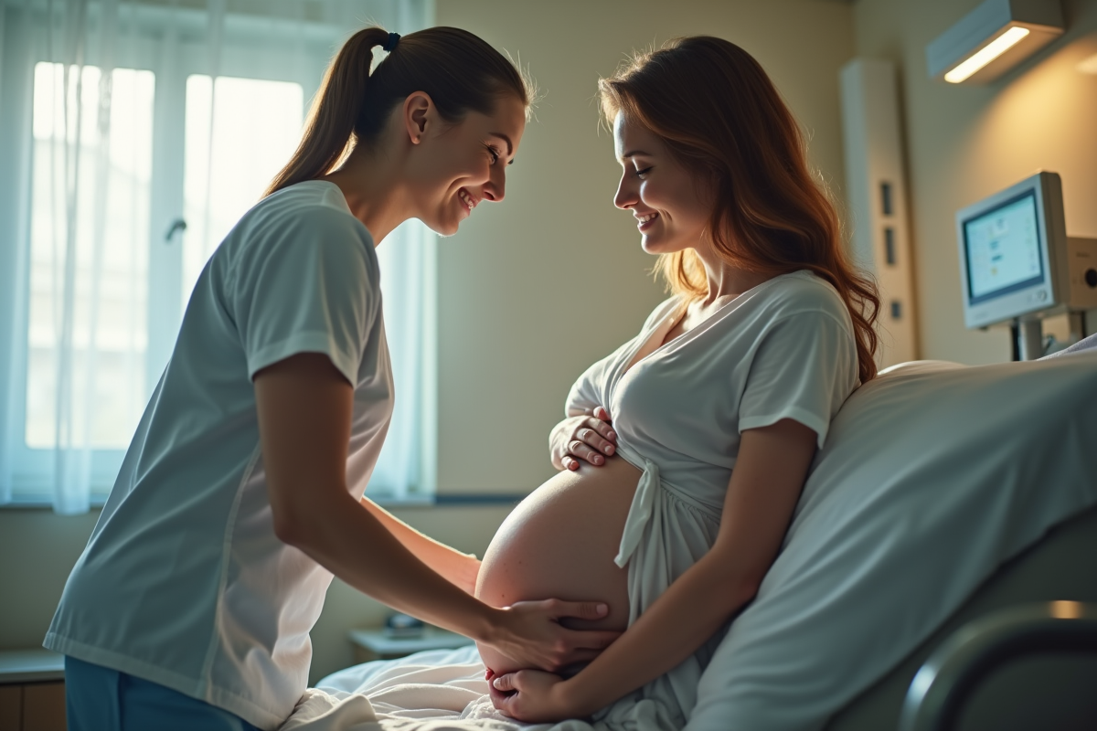 Femme enceinte utilisant une barre de naissance avec une sage-femme