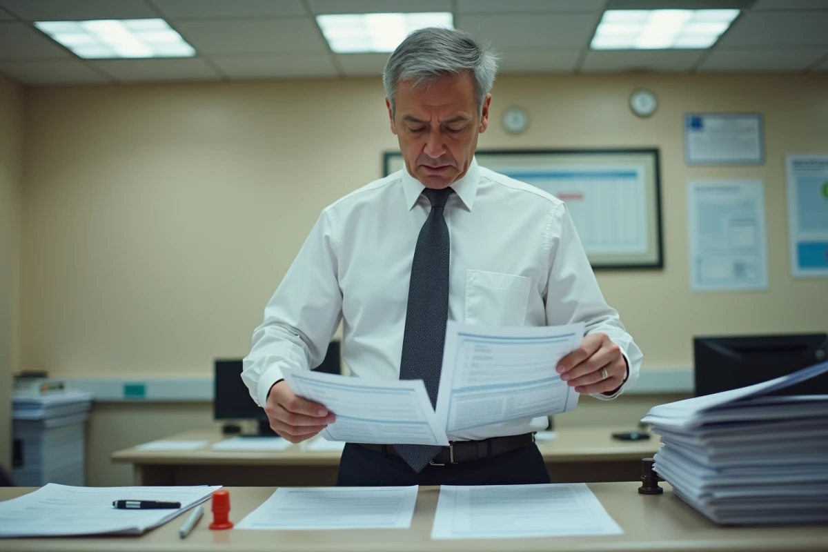 Agent administratif comparant des bons de transport cerfa dans un bureau officiel