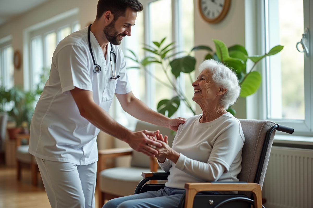 Aide-soignant aidant une personne âgée dans un salon