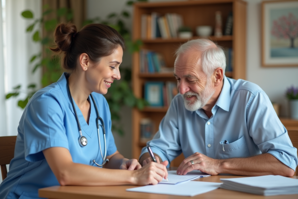 Infirmière aidant un senior à remplir des papiers à domicile