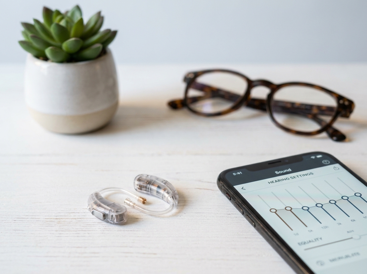 Aides auditives modernes discrètes posées sur une table blanche avec un smartphone, symbolisant la technologie accessible pour le confort d'écoute