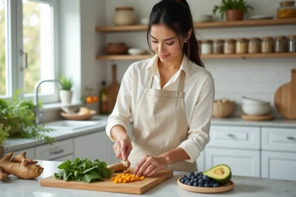 Femme préparant une assiette d'aliments anti-inflammatoires avec curcuma, myrtilles, noix et avocat sur un comptoir en marbre