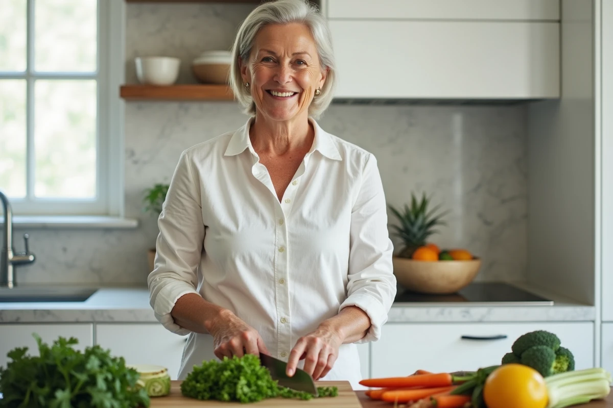 Femme préparant un repas sain à base de légumes frais dans le cadre d'une alimentation adaptée pour réduire un taux de GGT élevé