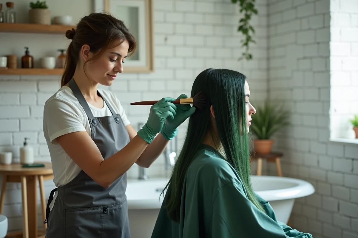 Coiffeuse professionnelle appliquant une coloration végétale sur cheveux, erreurs de pose fréquentes
