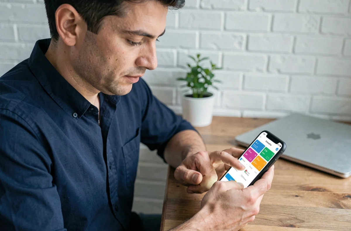 Homme utilisant l'application mobile de santé NoveoCare sur son smartphone depuis son bureau