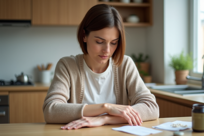 Femme appliquant creme medicatee sur son bras dans la cuisine