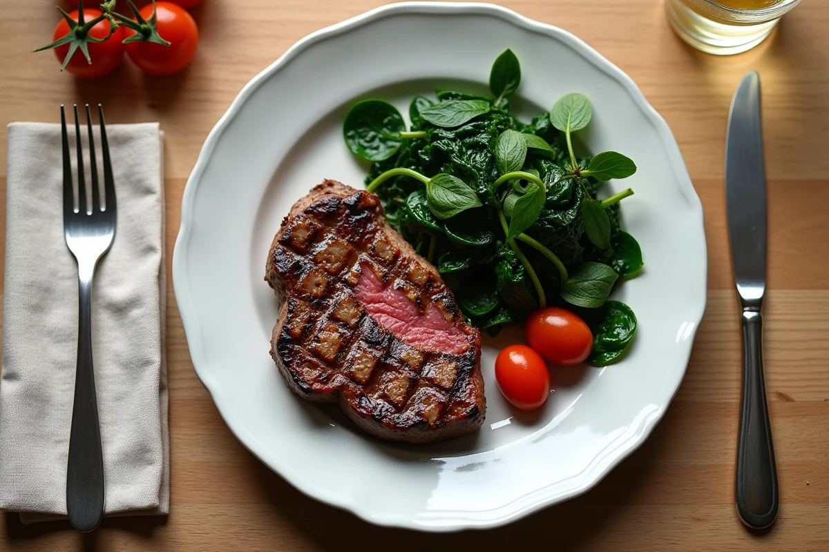 Assiette équilibrée avec steak de bœuf maigre, épinards et tomates cerises, repas riche en fer et pauvre en calories