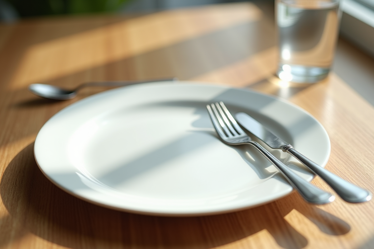 Assiette vide avec couverts et verre d