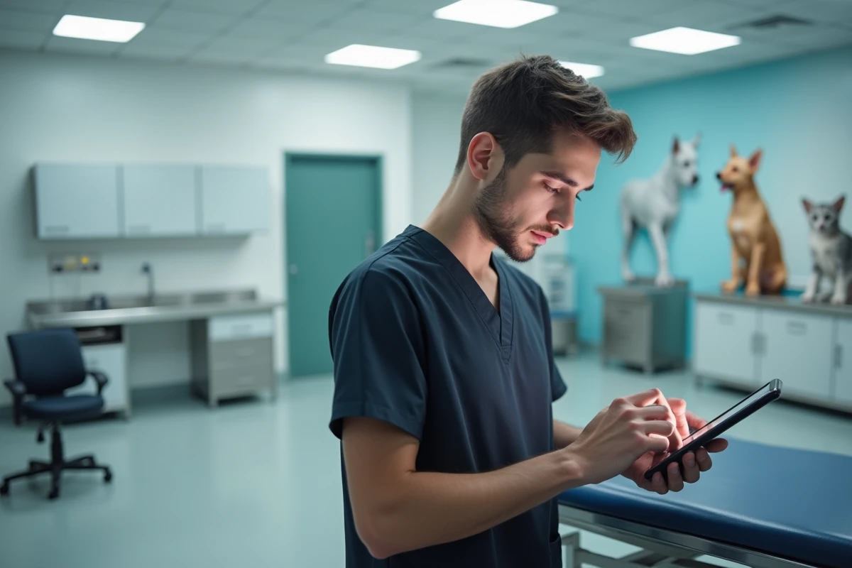 Jeune assistant vétérinaire consultent une tablette dans la clinique
