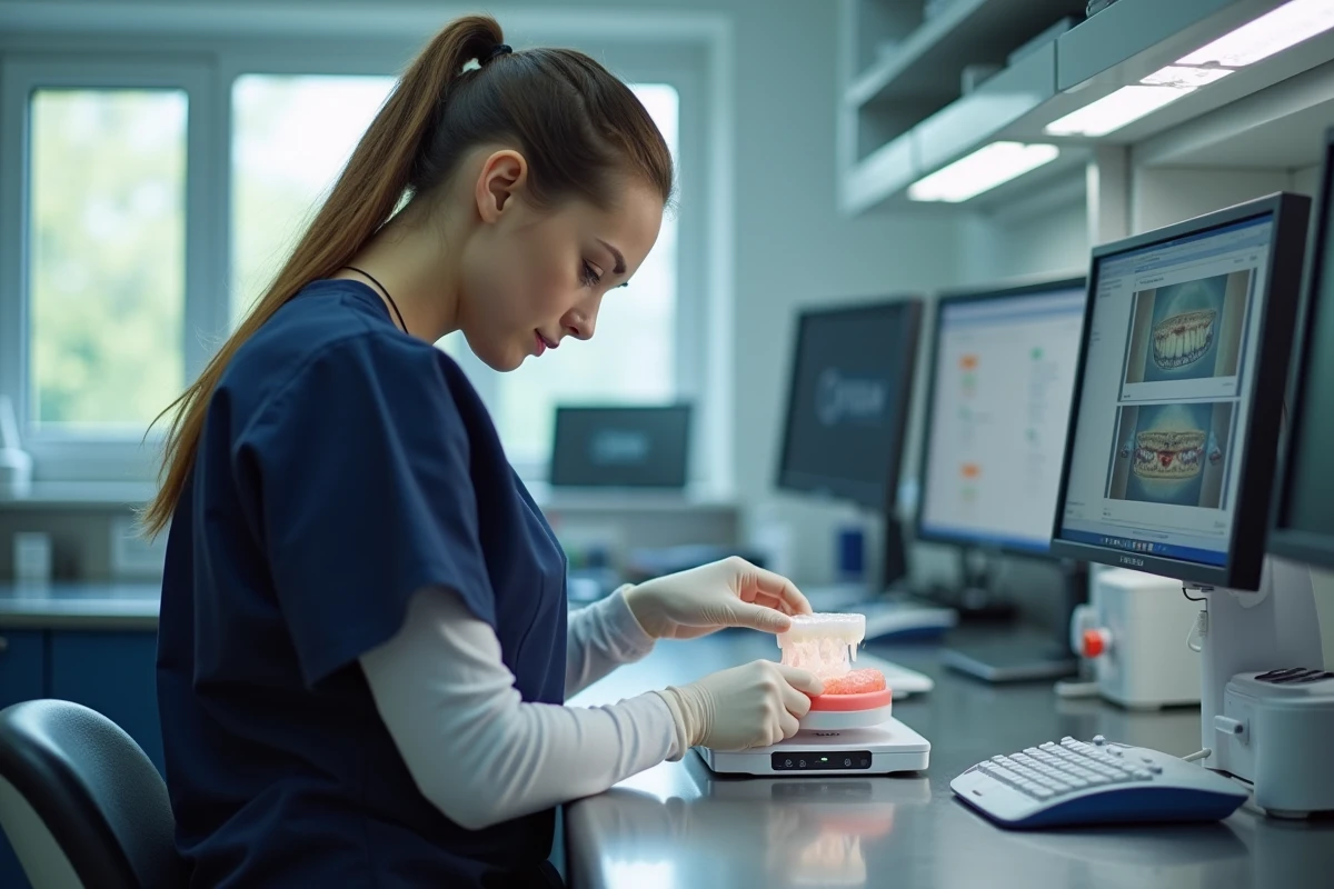 Assistante dentaire plaçant une couronne 3D dans un laboratoire