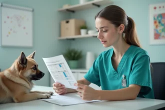 Assistante veterinaire en tenue teal examine un document