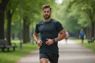 Athlète en pause dans un parc urbain lors d'une course