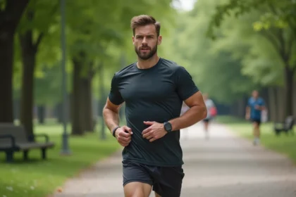 Athlète en pause dans un parc urbain lors d'une course