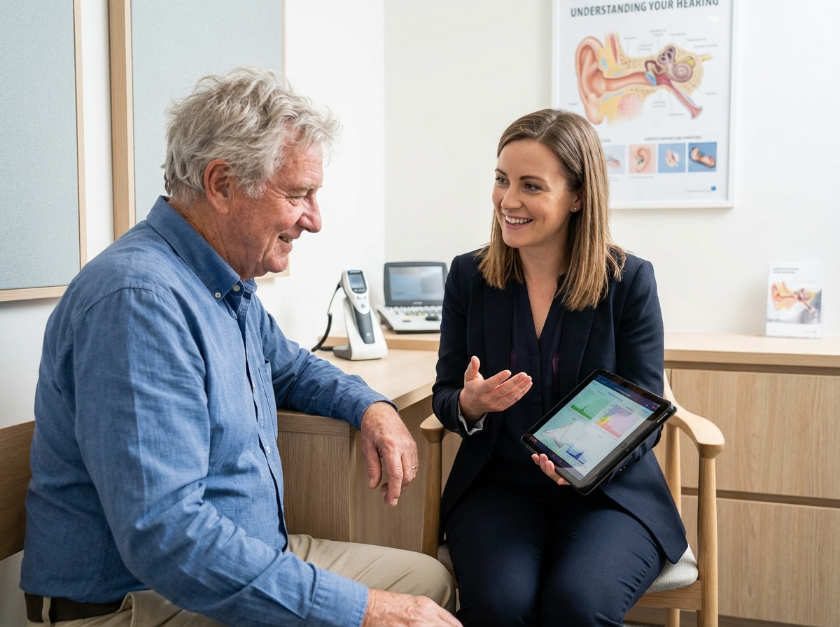 Audiologue et homme âgé discutant en cabinet auditif