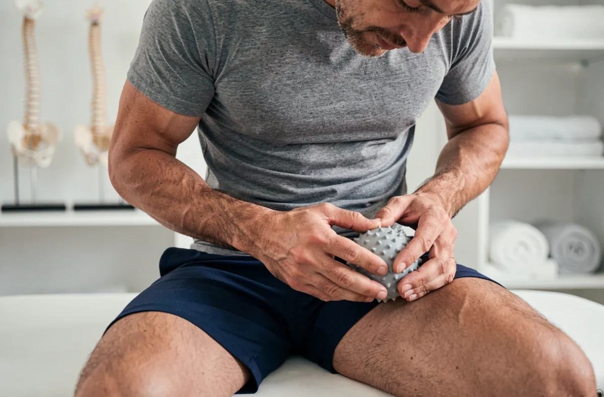 Homme effectuant un auto-massage du muscle piriforme avec une balle de massage pour soulager la douleur sciatique, assis sur une table en cabinet de kinésithérapie