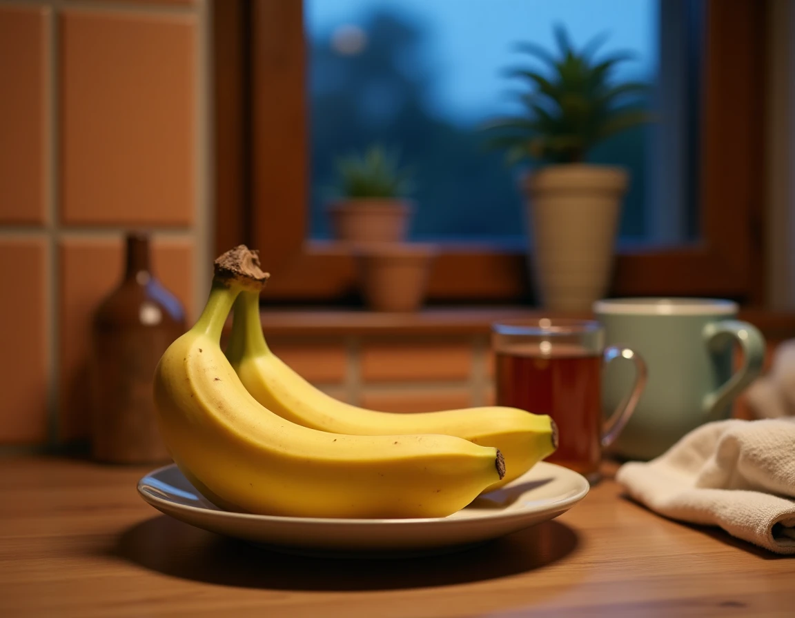 Banane mûre posée sur un comptoir de cuisine en bois le soir avec une tasse de tisane
