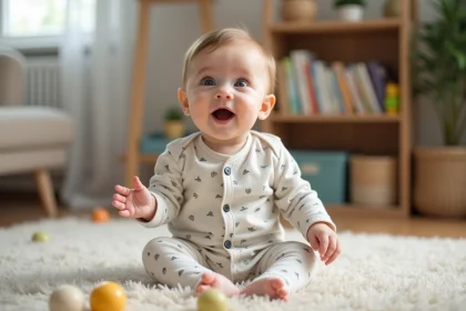 Bebe garçon curieux assis sur un tapis dans un salon