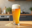 Bière classique avec grains de gluten à côté sur une table en bois