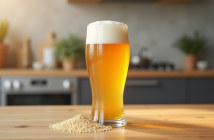 Bière classique avec grains de gluten à côté sur une table en bois