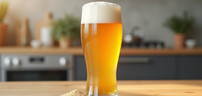 Bière classique avec grains de gluten à côté sur une table en bois