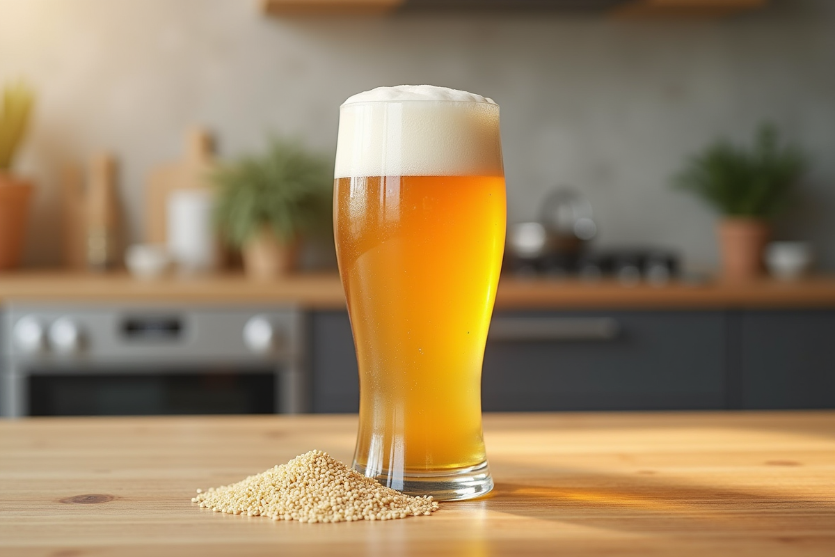 Bière classique avec grains de gluten à côté sur une table en bois