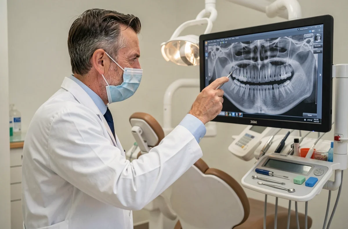 Un dentiste du Cabinet Dentaire 65 à Nîmes consultant une radiographie panoramique sur écran mural