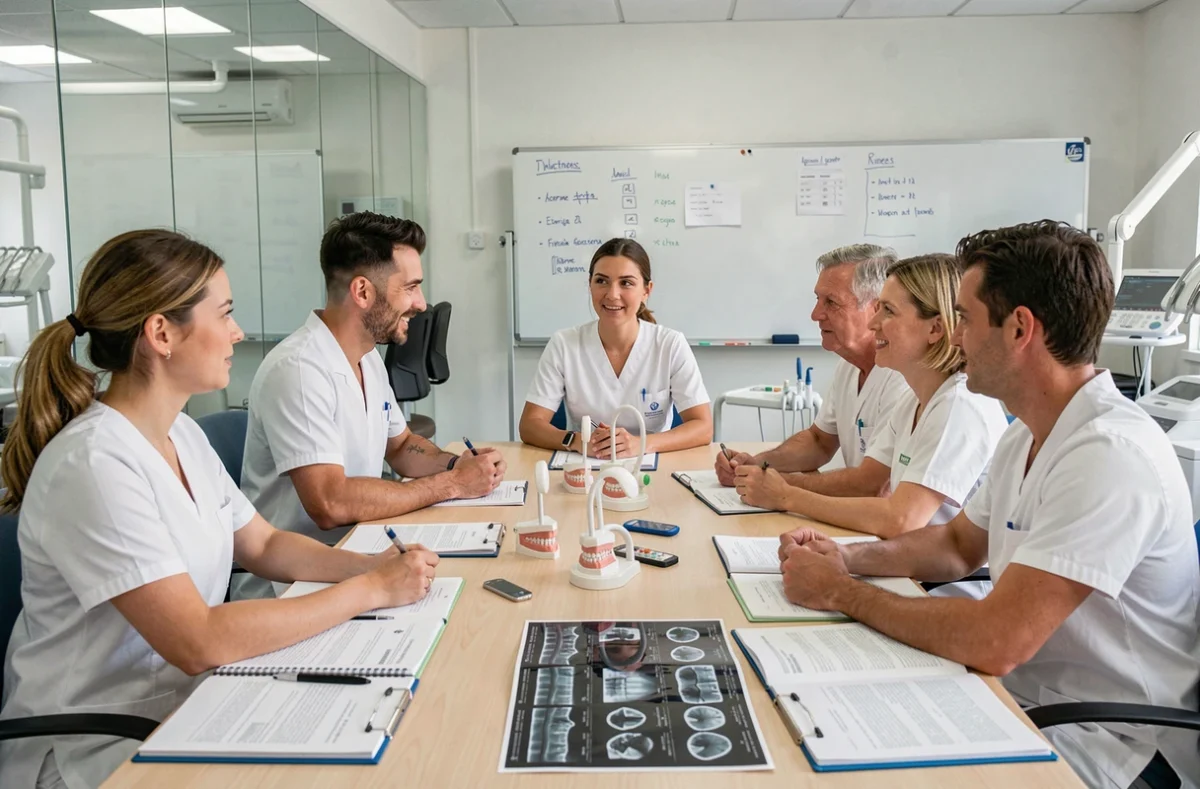 L'équipe pluridisciplinaire du cabinet dentaire Chabadel et associés réunis en réunion clinique à Nîmes