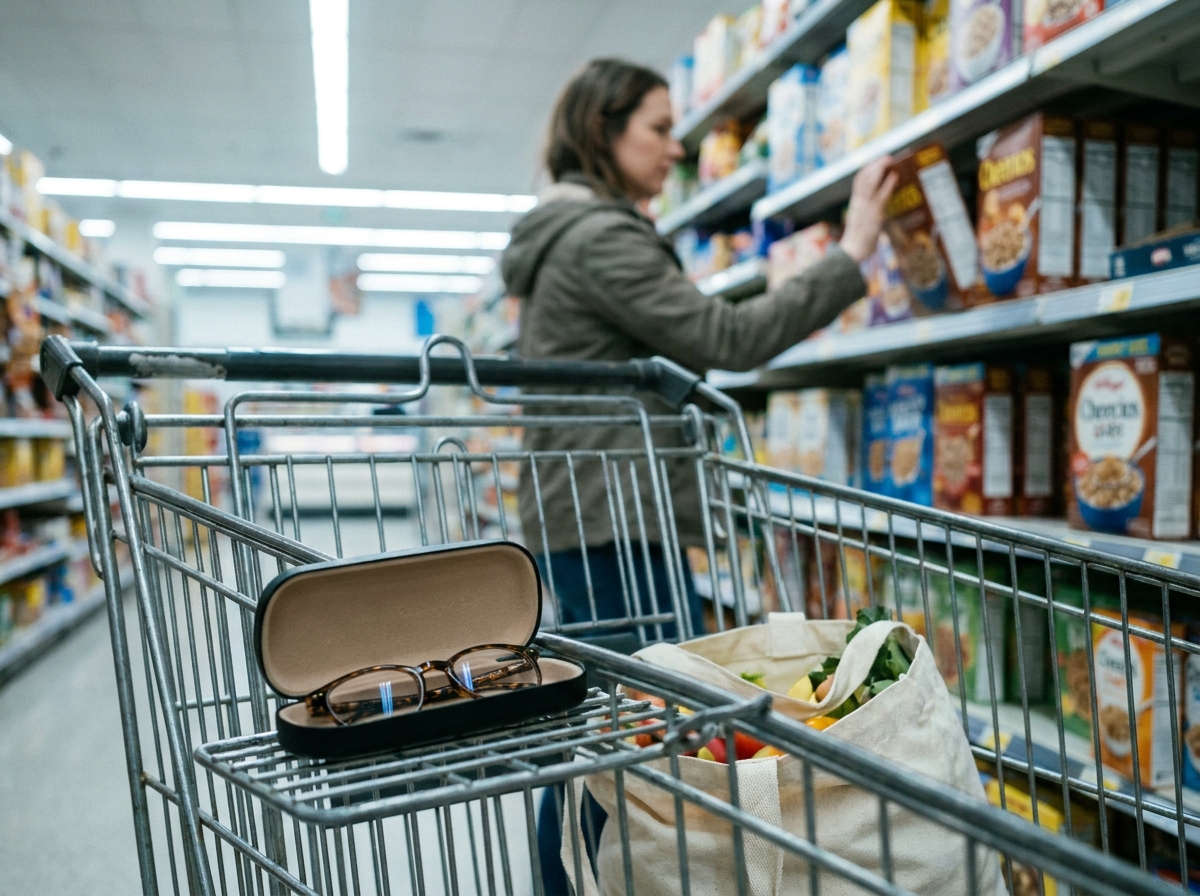 Caddie de supermarché avec des lunettes de vue dans leur étui posées à côté des courses