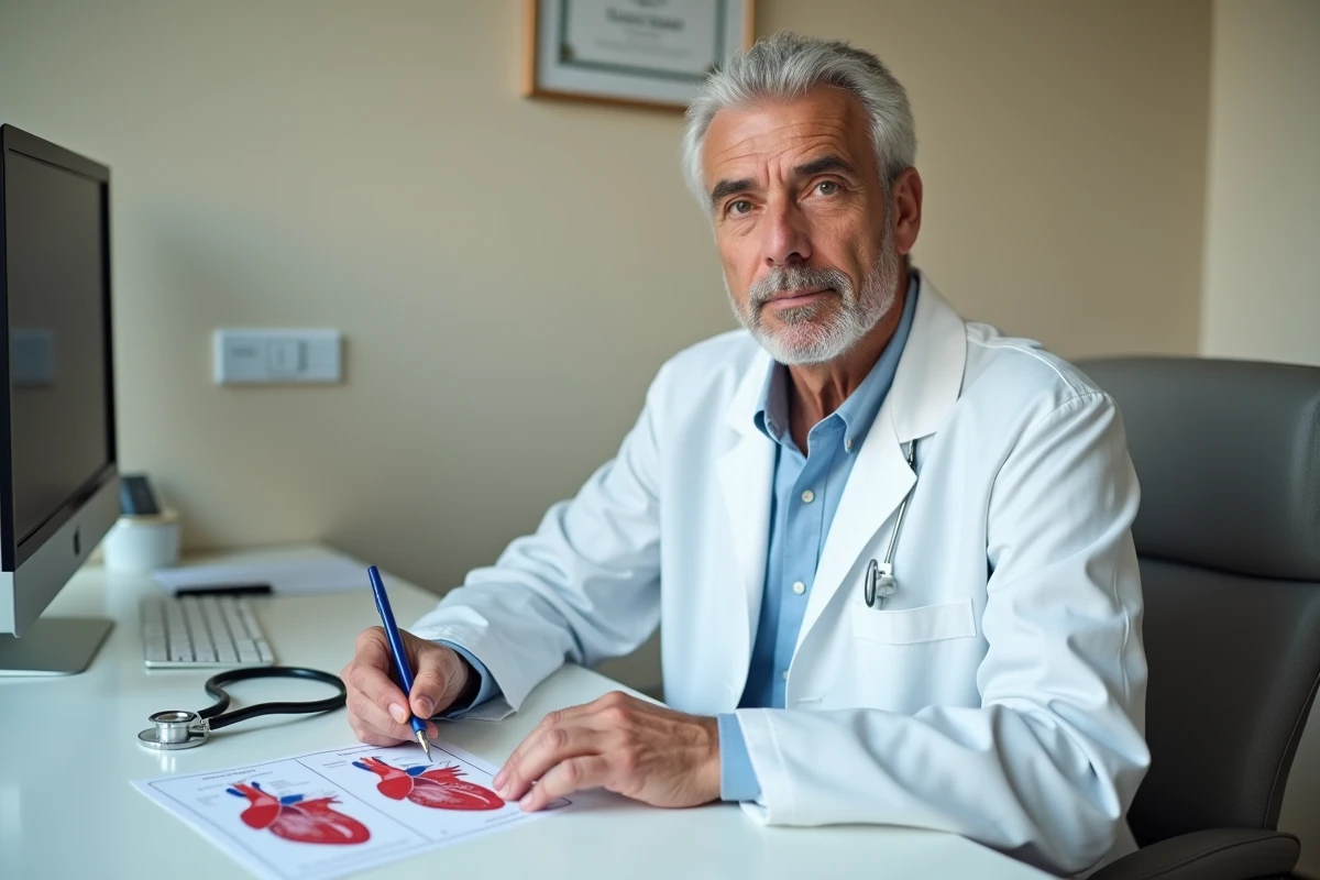 Cardiologue en consultation pointant un schéma anatomique montrant le lien entre l'estomac et le cœur, expliquant les causes des extrasystoles nocturnes digestives