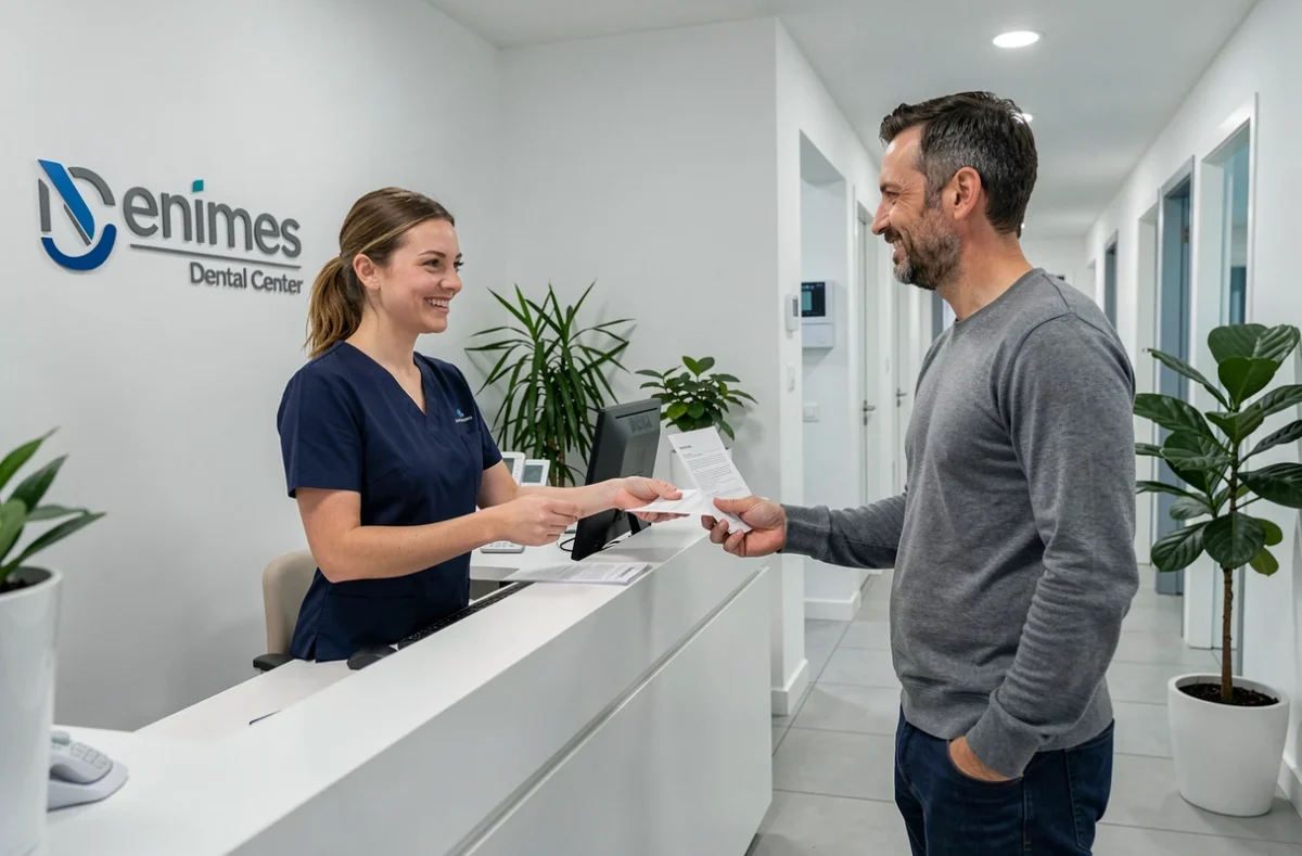 Accueil du centre dentaire Dentego à Nîmes avec une réceptionniste aidant un patient à son arrivée