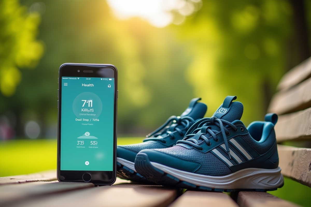 Chaussures de marche sportives avec smartphone affichant étape et km