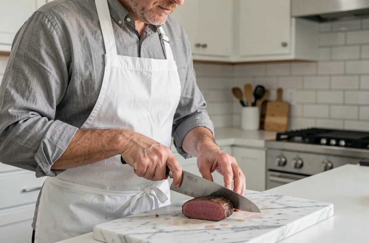 Chef tranchant un filet de bœuf maigre cuit sur planche en marbre dans une cuisine moderne