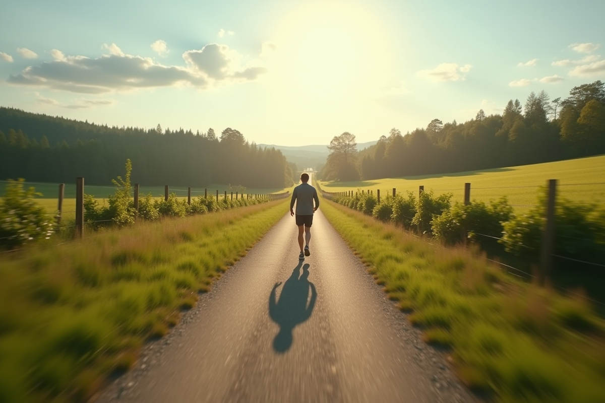 Sentier de campagne avec personne en marche sportive
