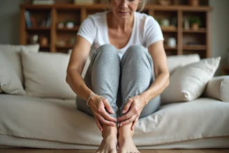 Femme d'âge mûr tenant sa cheville gonflée assise sur un canapé à domicile