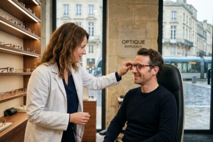 Opticienne ajustant des lunettes sur un client dans une boutique d'optique moderne à Bordeaux