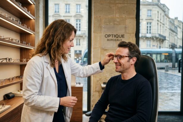 Opticienne ajustant des lunettes sur un client dans une boutique d'optique moderne à Bordeaux