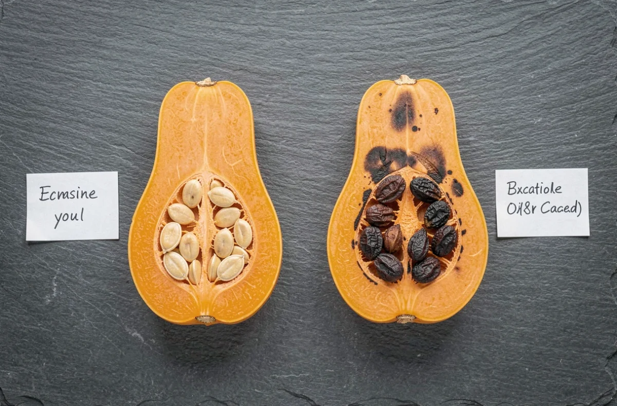 Comparaison côte à côte de deux demi-potimarrons avec graines normales et graines altérées sur surface en ardoise, vue du dessus