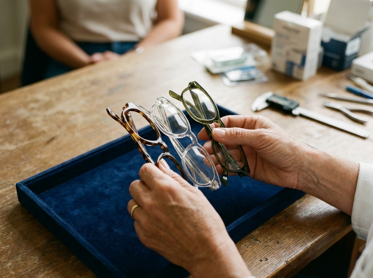 Mains d'une opticienne tenant trois montures de lunettes différentes côte à côte pour comparer les formes et les couleurs