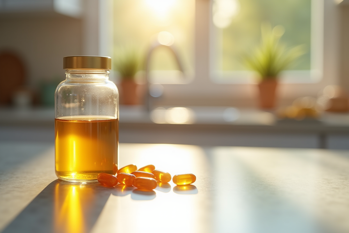 Compléments de vitamine D et eau sur une table de cuisine
