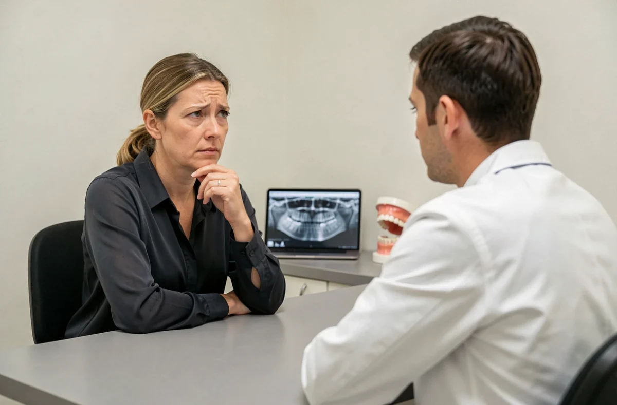 Patiente en consultation dentaire discutant d'une paresthésie faciale avec son dentiste après un traitement, diagnostic et explications