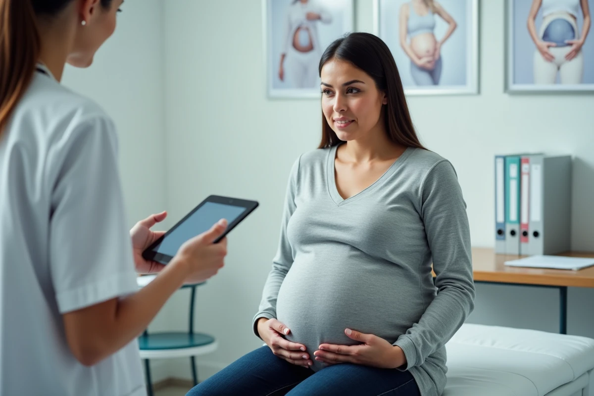 Femme enceinte en consultation gynécologique pour calculer le terme avec des cycles irréguliers