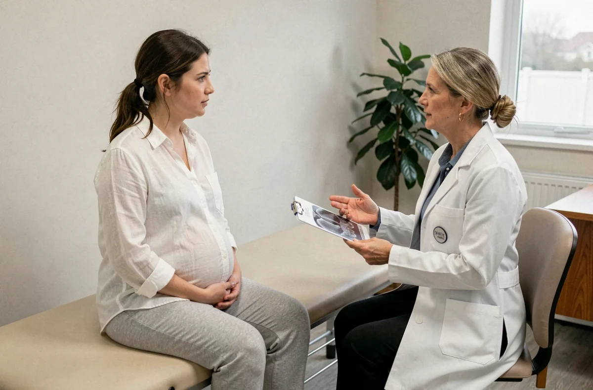 Femme enceinte en consultation gynécologique discutant des effets secondaires et précautions liés au Proteochoc