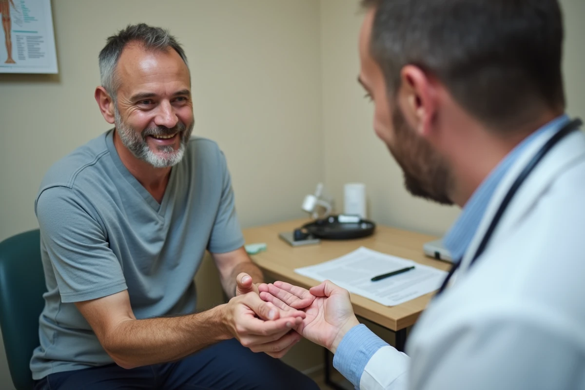 Patient montrant ses ongles blancs à un médecin lors d'une consultation médicale