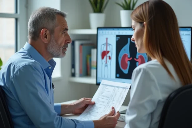 Patient en consultation médicale recevant les résultats d'une analyse de sang avec un taux de gamma GT élevé