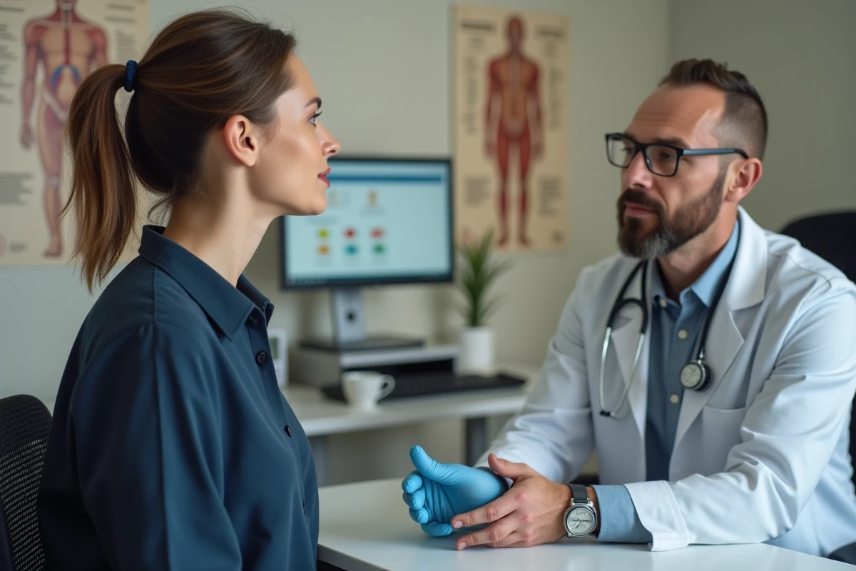 Femme adulte en consultation médicale pour un ganglion sous la mâchoire examiné par un médecin généraliste