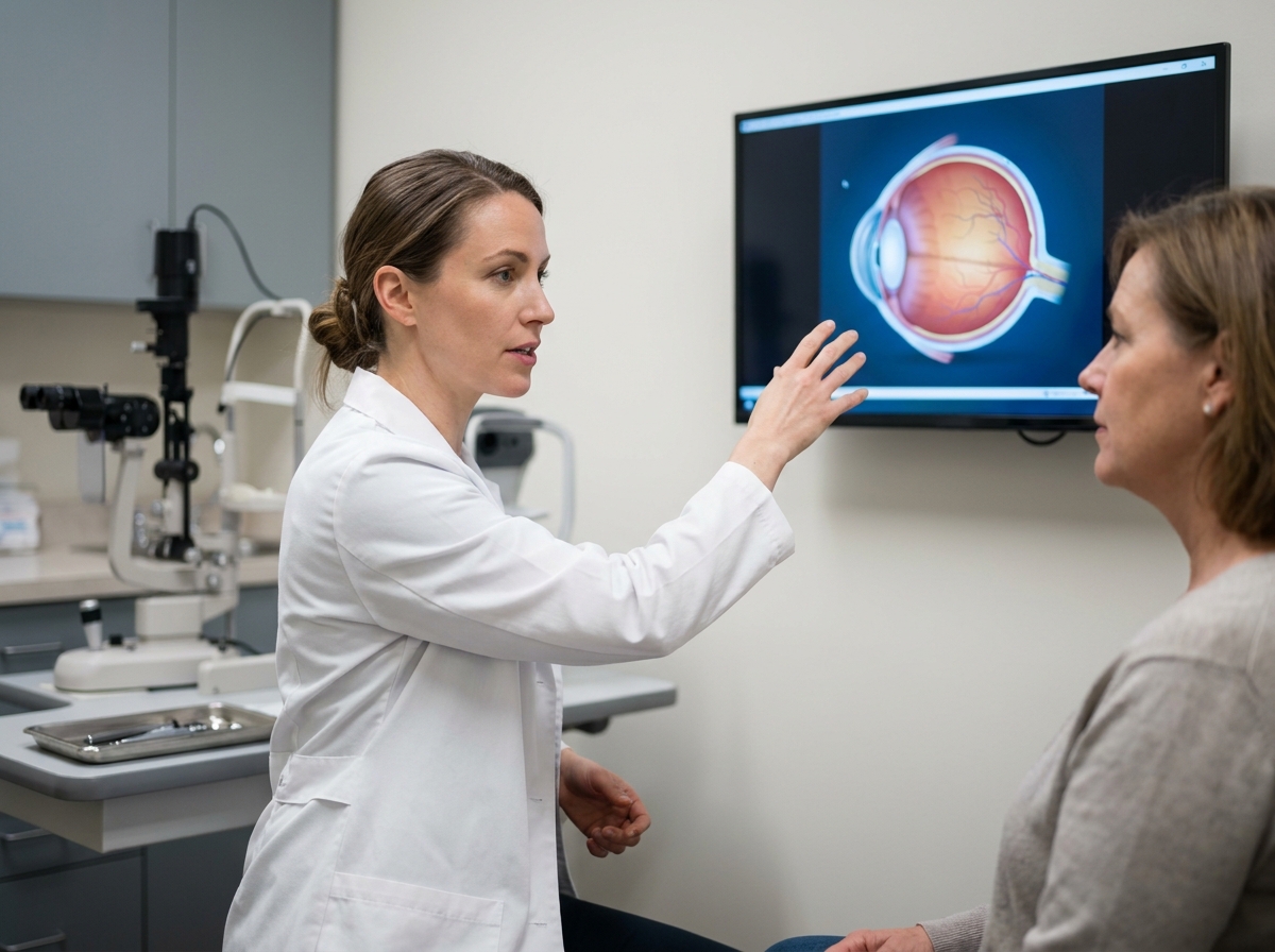 Ophtalmologiste expliquant les options de correction visuelle à une patiente lors d'une consultation médicale