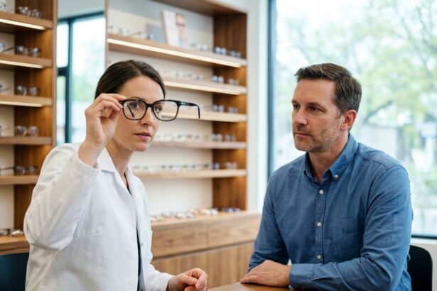 Opticienne conseillant un client sur le choix de nouvelles lunettes dans une optique moderne