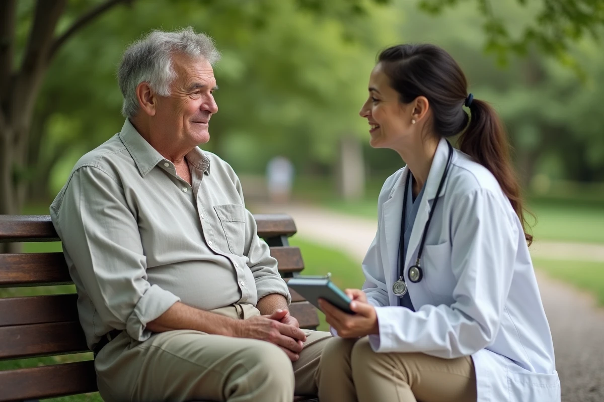 Homme senior en consultation avec un professionnel de santé dans un parc, échange sur la qualité de vie avec le zona et les stratégies de soulagement