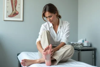 Femme consultant un podologue pour une douleur à l'éperon calcanéen dans un cabinet médical