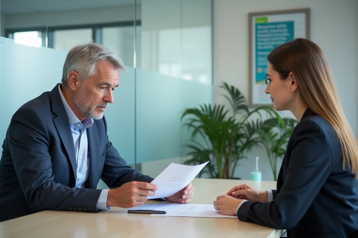 Consultation entre medecin du travail et jeune femme en bureau
